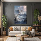Winter scenes with snow-capped mountains, icy lake, and evergreen trees