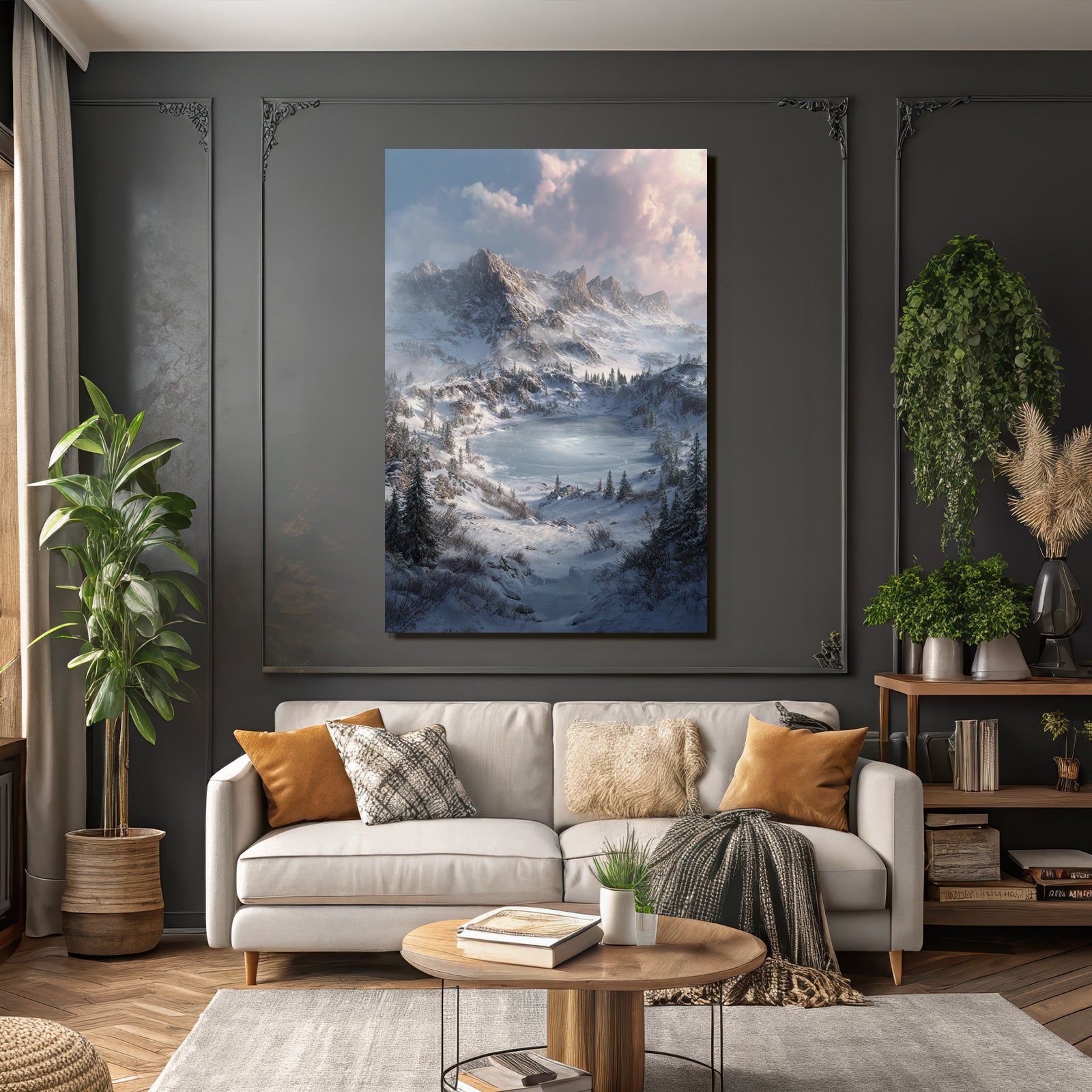 Winter scenes with snow-capped mountains, icy lake, and evergreen trees