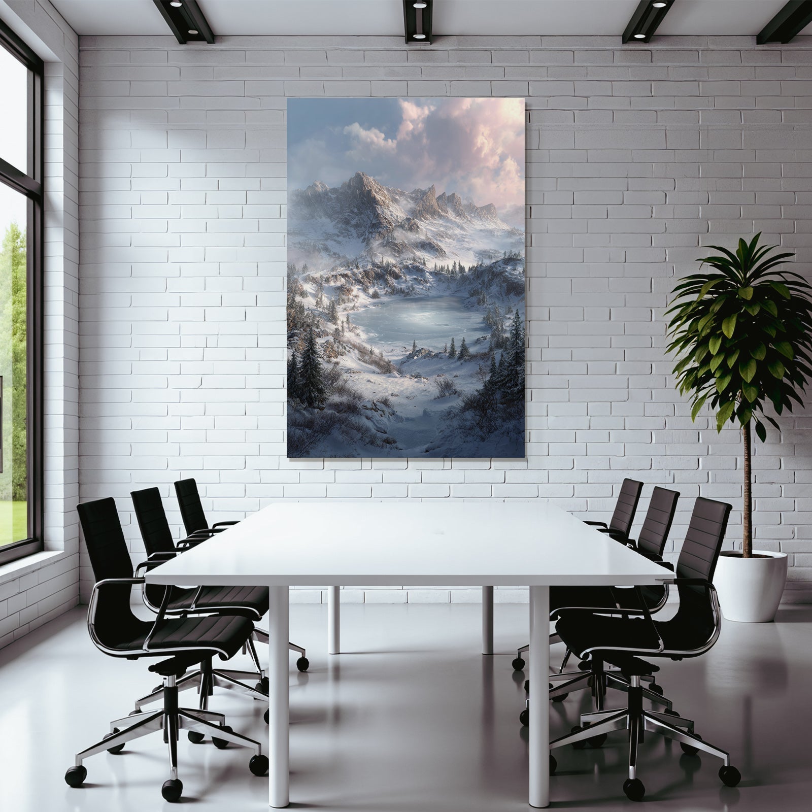 Winter scenes with snow-capped mountains, icy lake, and evergreen trees