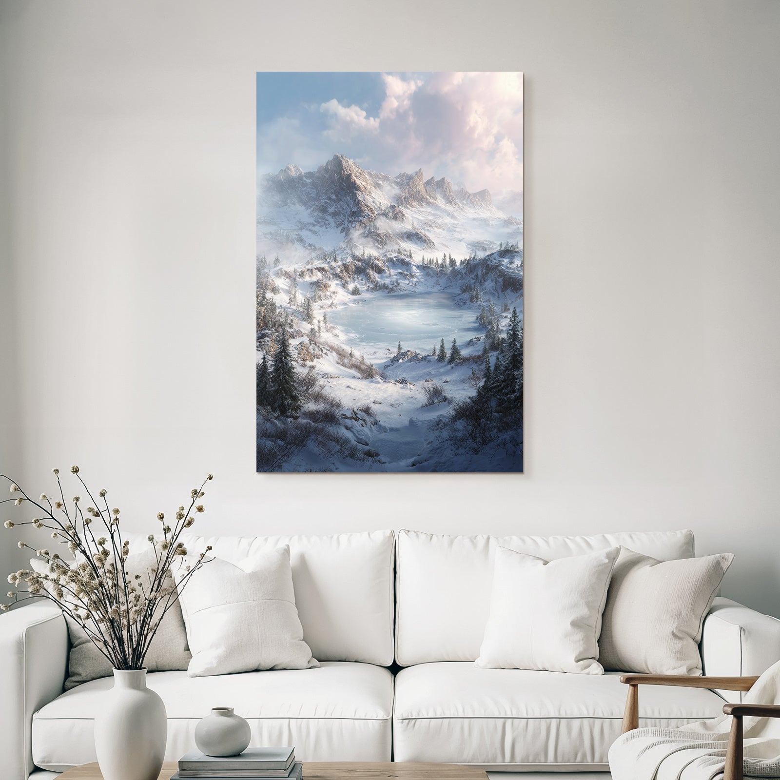 Winter scenes with snow-capped mountains, icy lake, and evergreen trees