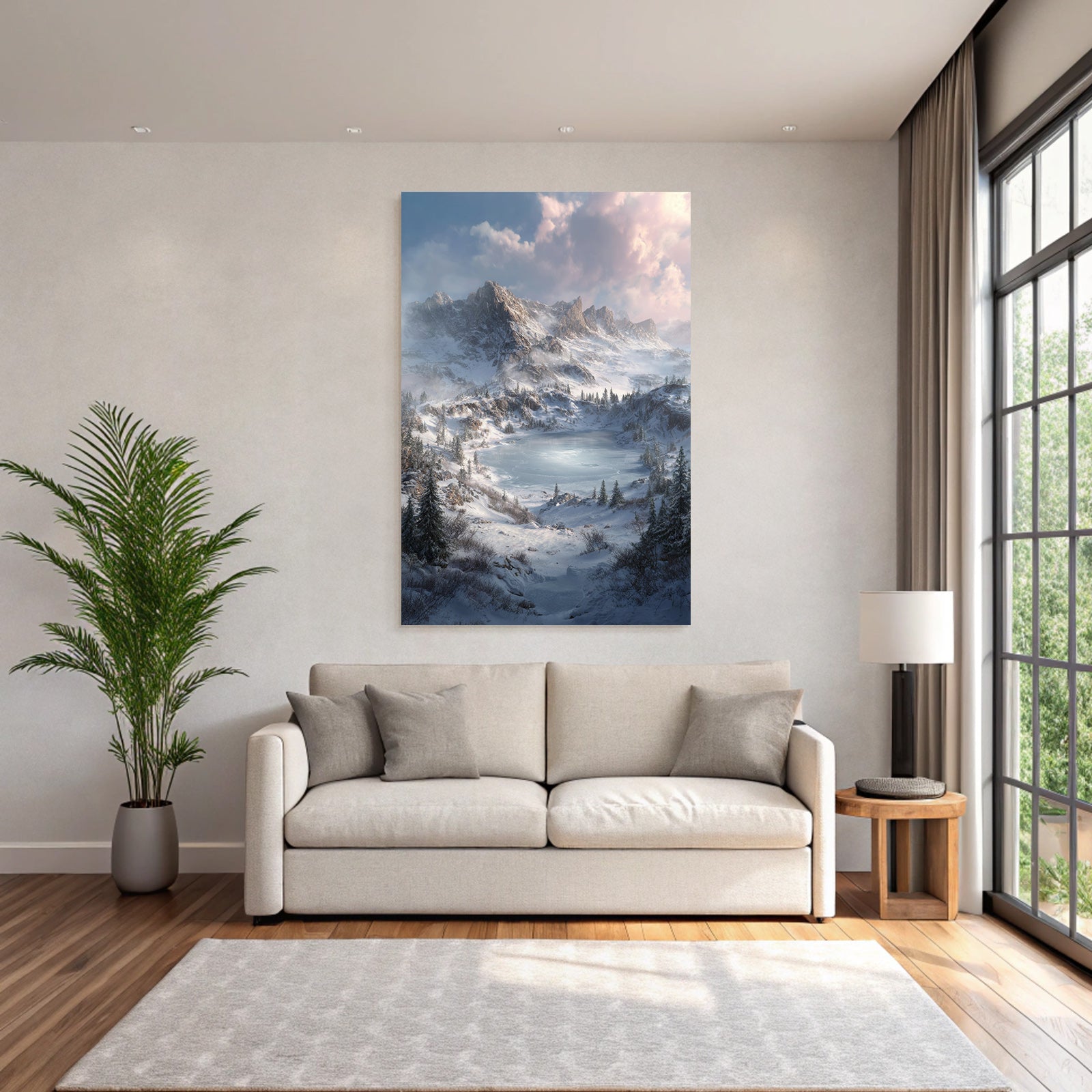 Winter scenes with snow-capped mountains, icy lake, and evergreen trees