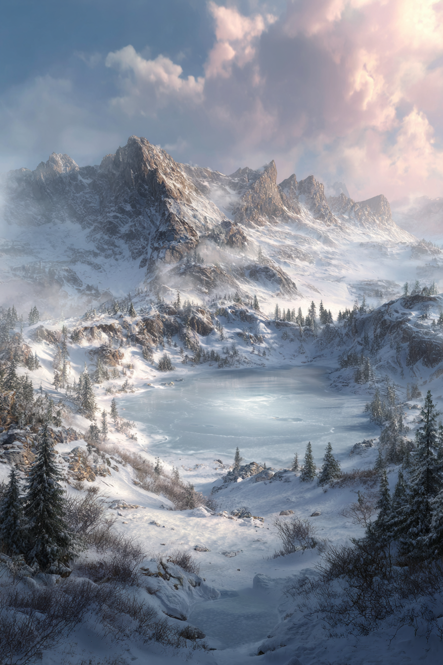 Winter Winterszenen Mit Schneebedeckten Bergen Eisigem See Und Evergreen Bäumen | Winterlandschaften | Landschaften