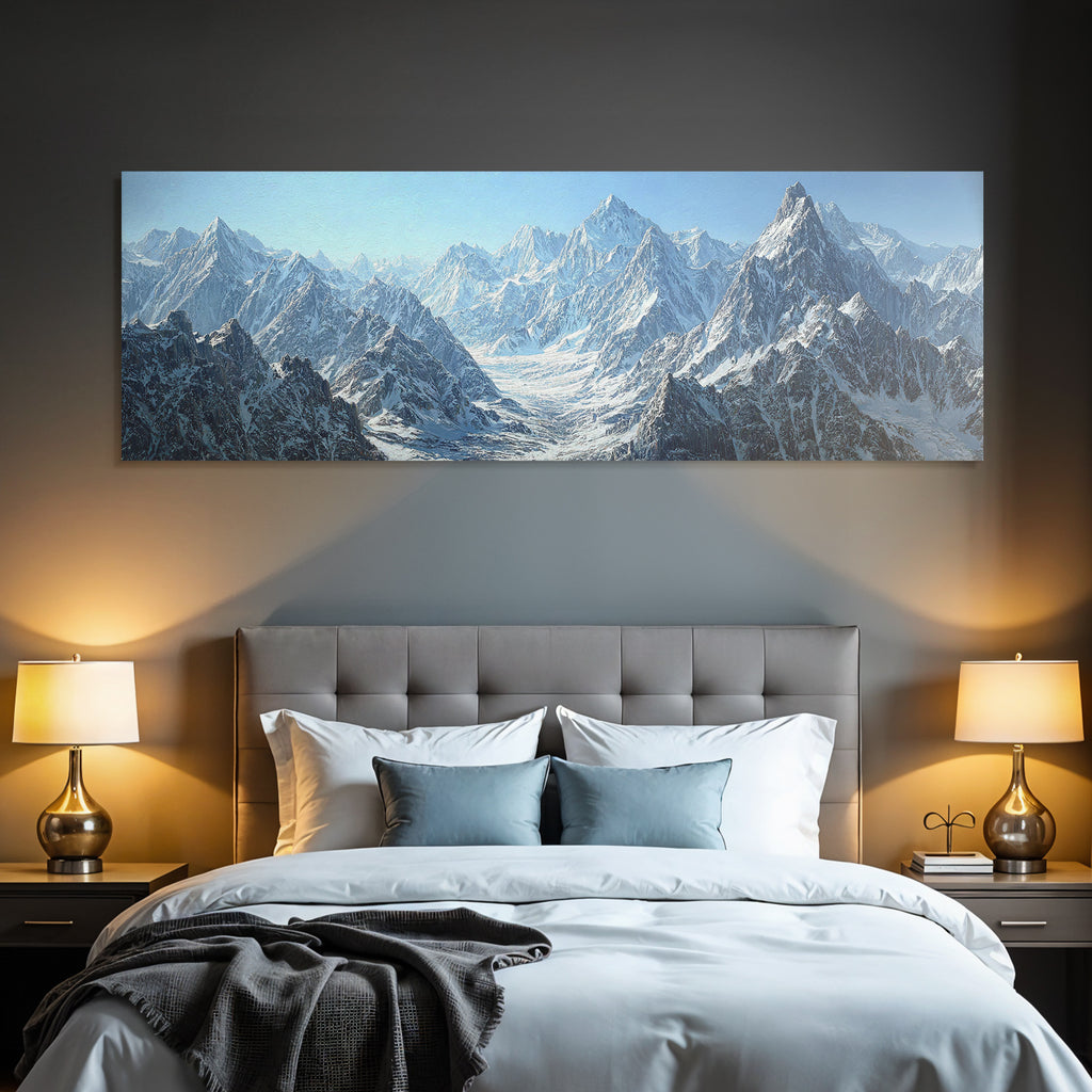 Winter mountainous snow-capped peaks and blue skies