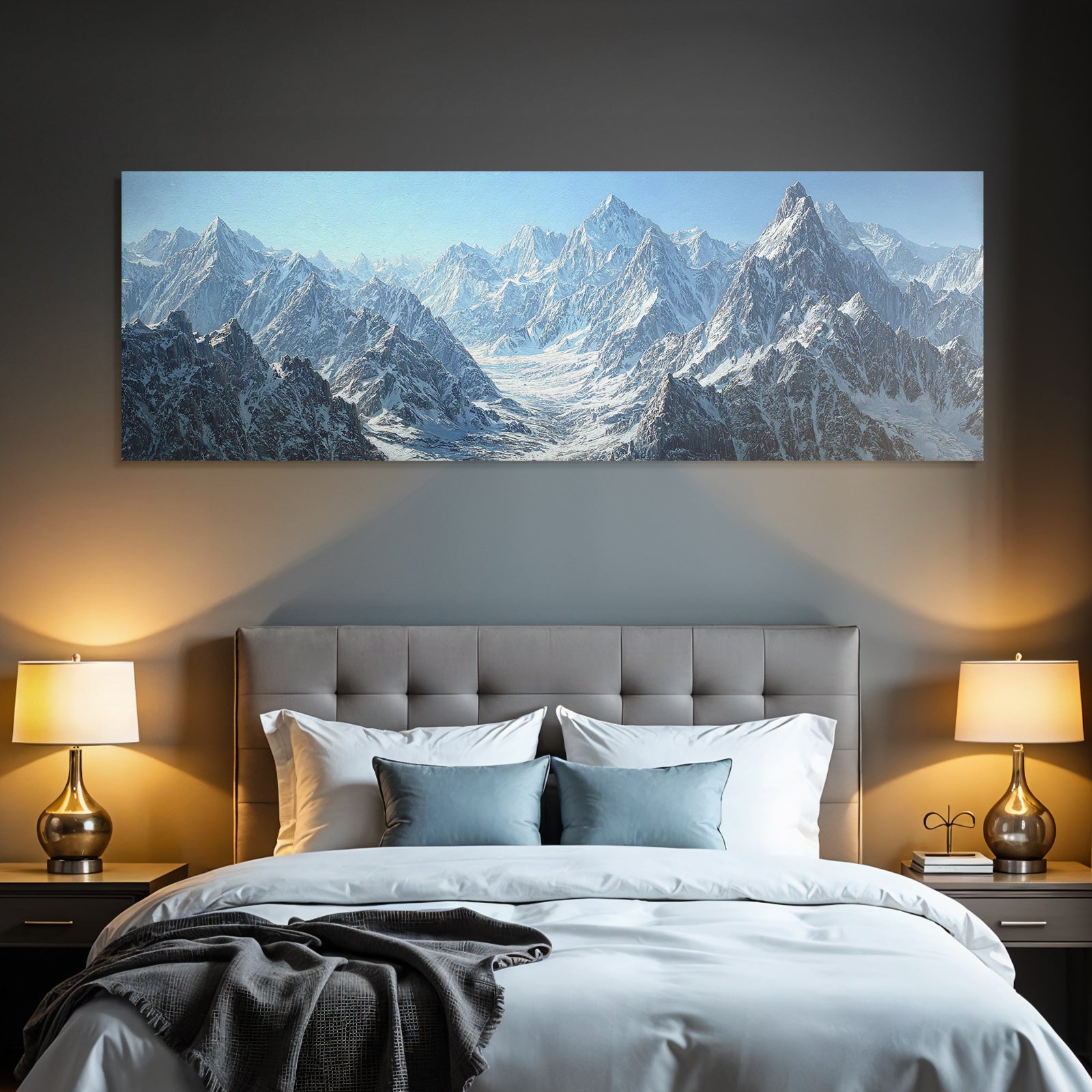 Winter mountainous snow-capped peaks and blue skies