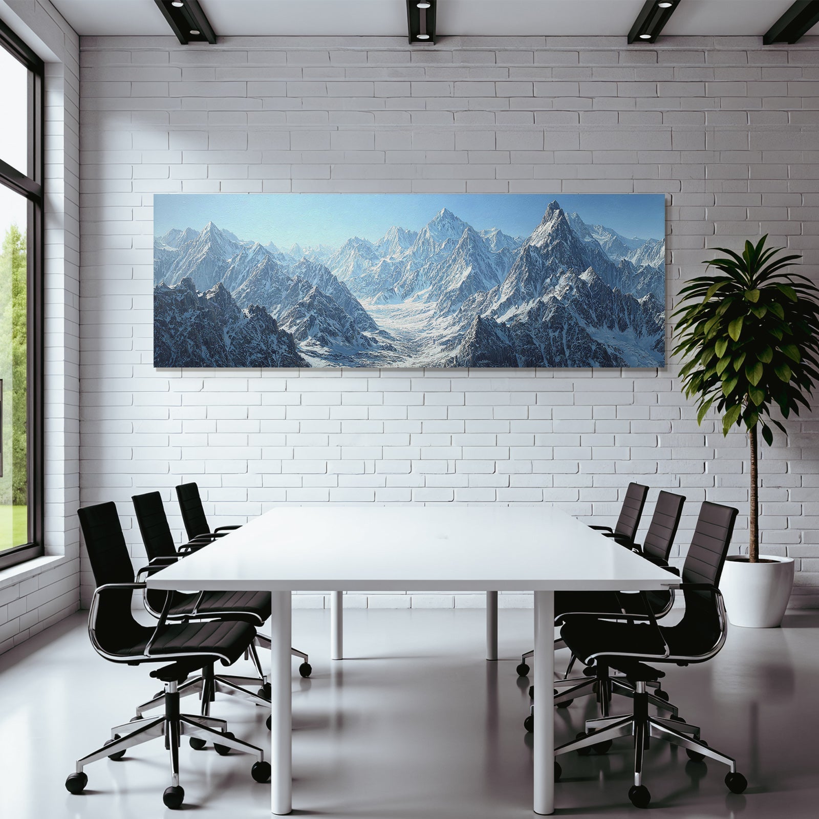 Winter mountainous snow-capped peaks and blue skies