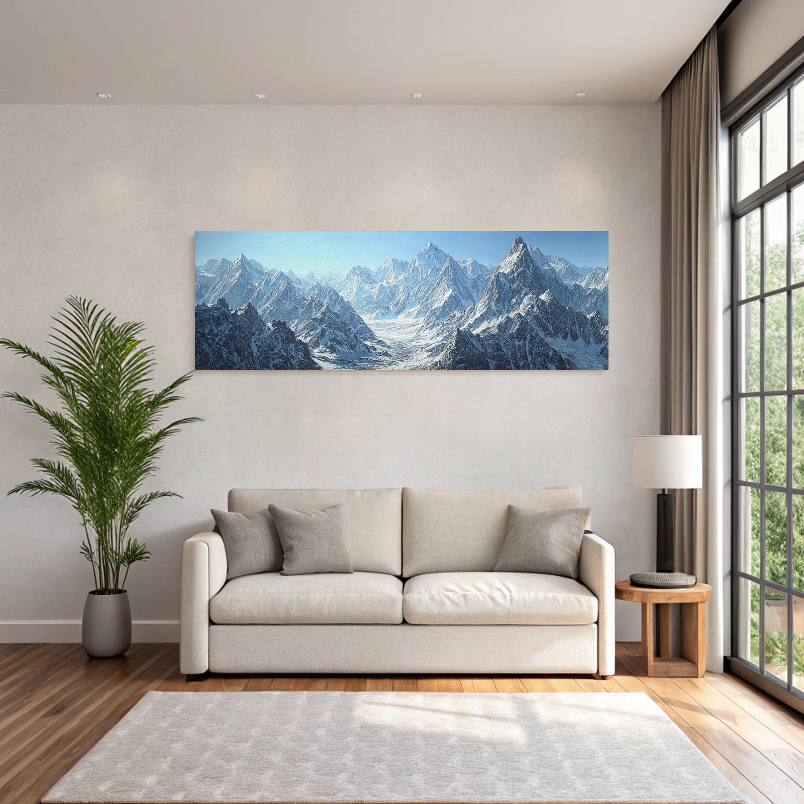 Winter mountainous snow-capped peaks and blue skies