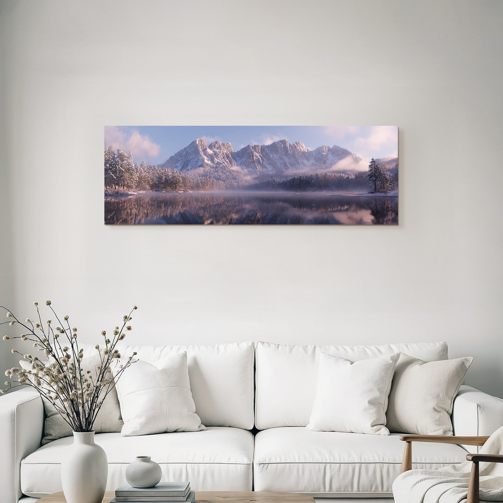 Winter Peaceful Winter Landscape With Lake Cloudy Morning Light