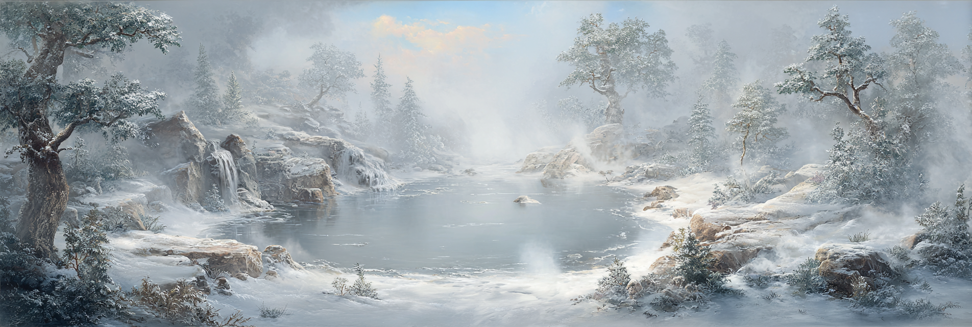 Winter Frozen Lake In Winter Landscape Mit Nebel Und Schneebedeckten Bäumen | Winterlandschaften | Landschaften