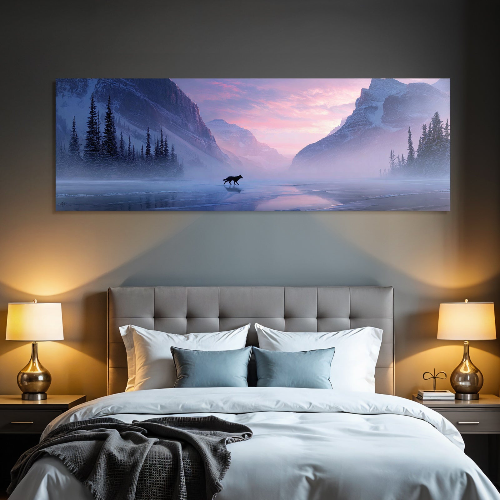 Winter Cool Misty Landscape With Wolf Lake And Mountain Scenery Sunset