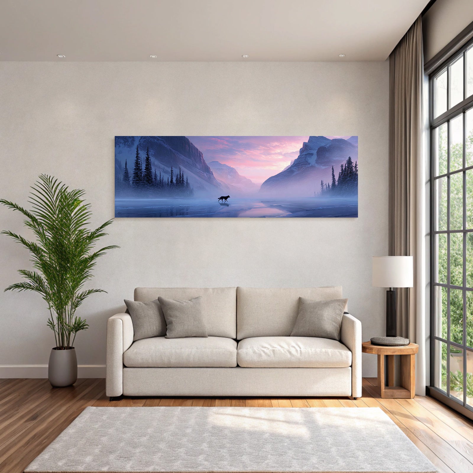 Winter Cool Misty Landscape With Wolf Lake And Mountain Scenery Sunset