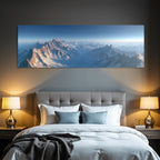 Winter panoramic view snow-capped mountains morning sun sky gradient