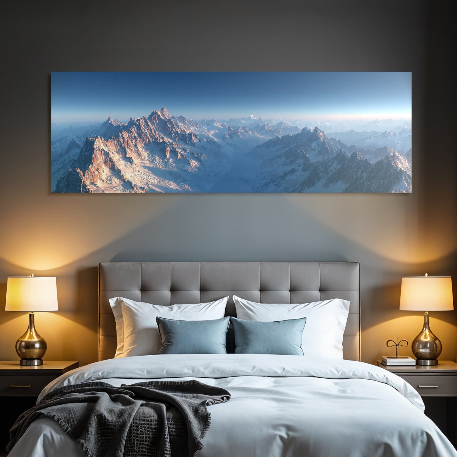 Winter panoramic view snow-capped mountains morning sun sky gradient