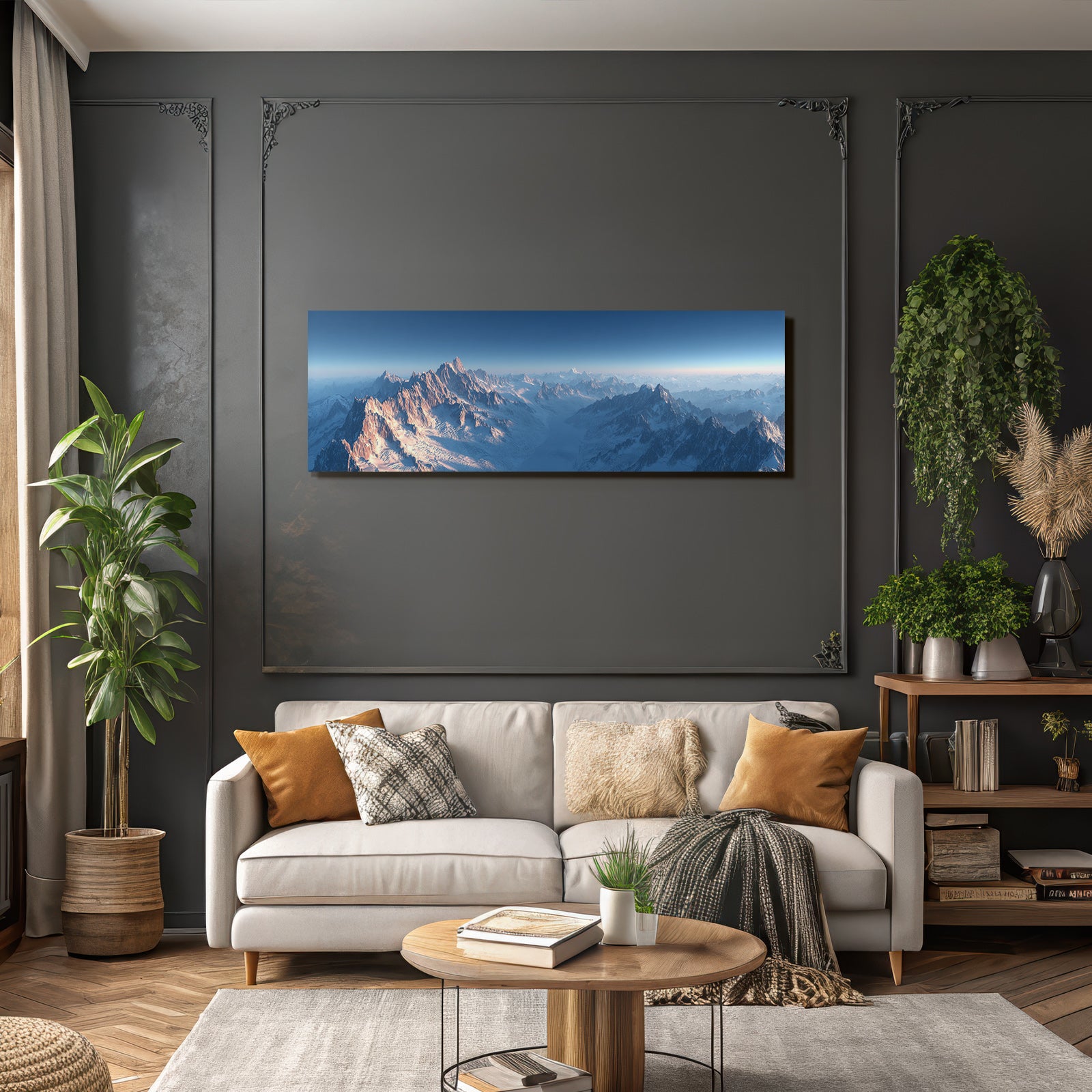 Winter panoramic view snow-capped mountains morning sun sky gradient