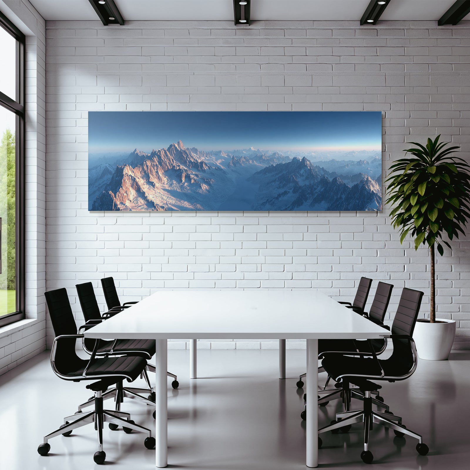 Winter panoramic view snow-capped mountains morning sun sky gradient