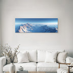 Winter panoramic view snow-capped mountains morning sun sky gradient