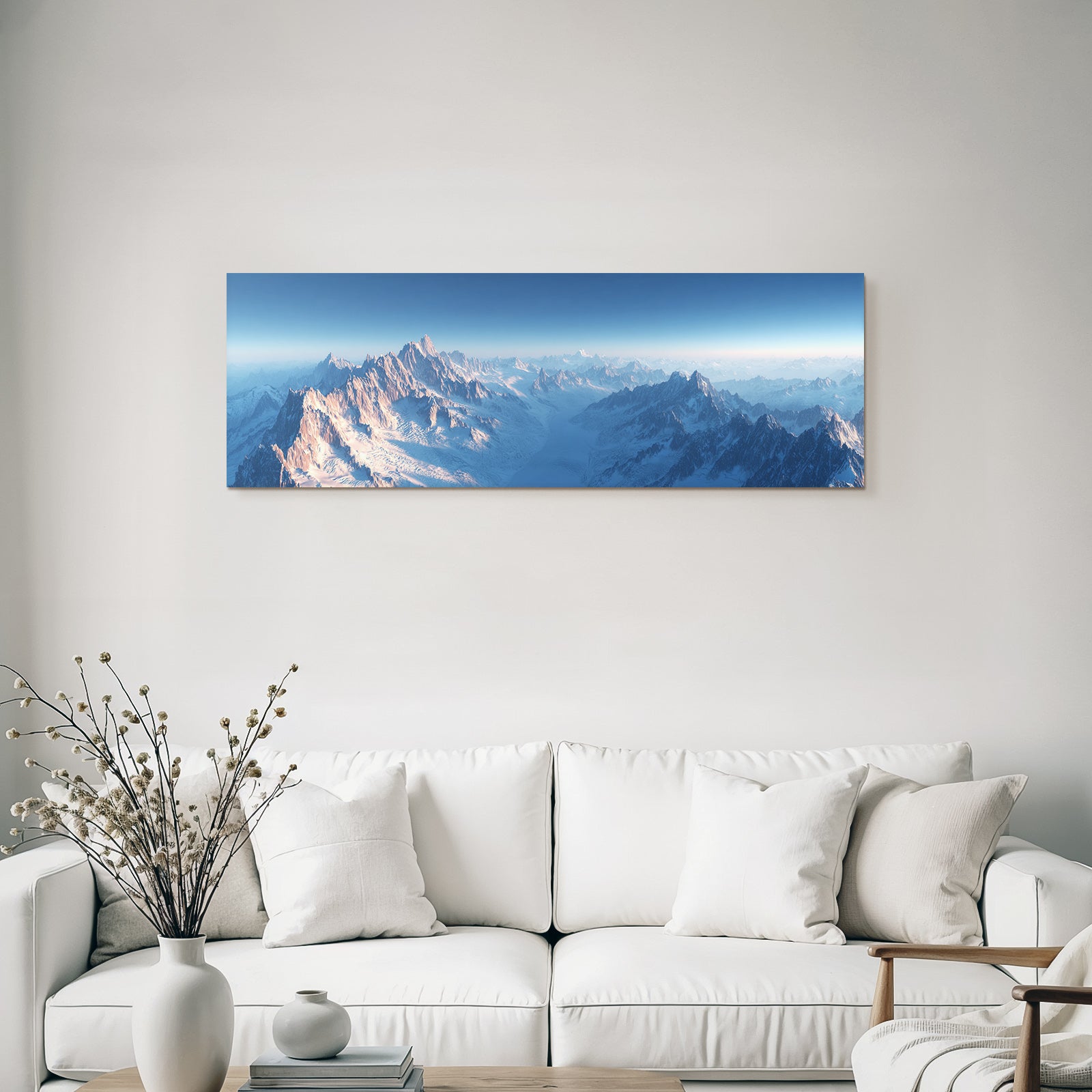 Winter panoramic view snow-capped mountains morning sun sky gradient