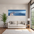 Winter panoramic view snow-capped mountains morning sun sky gradient