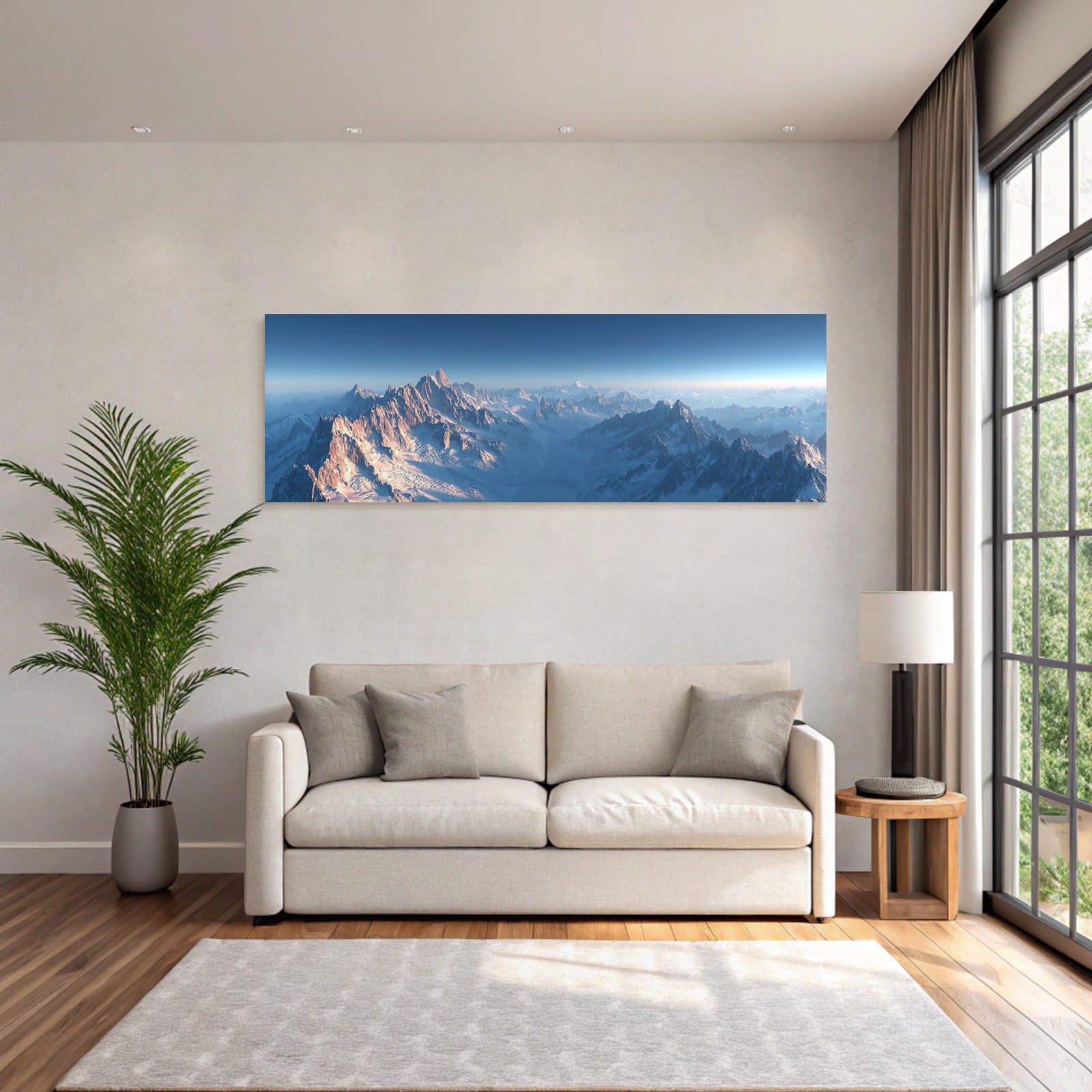 Winter panoramic view snow-capped mountains morning sun sky gradient