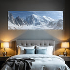 Winter panoramic view Snow-covered mountain landscape Icy peaks Blue sky