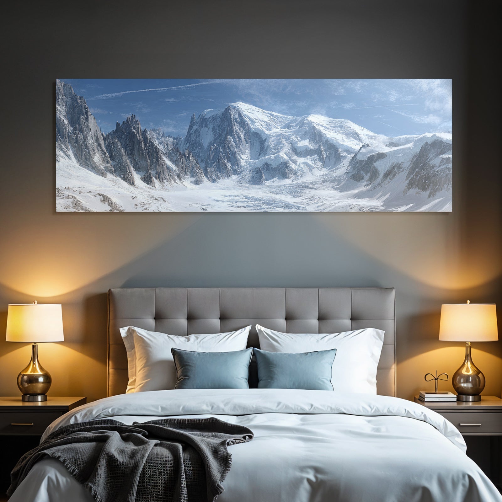 Winter panoramic view Snow-covered mountain landscape Icy peaks Blue sky