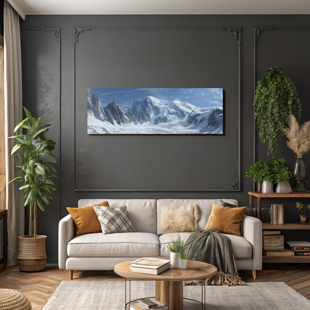 Winter panoramic view Snow-covered mountain landscape Icy peaks Blue sky