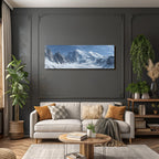 Winter panoramic view Snow-covered mountain landscape Icy peaks Blue sky