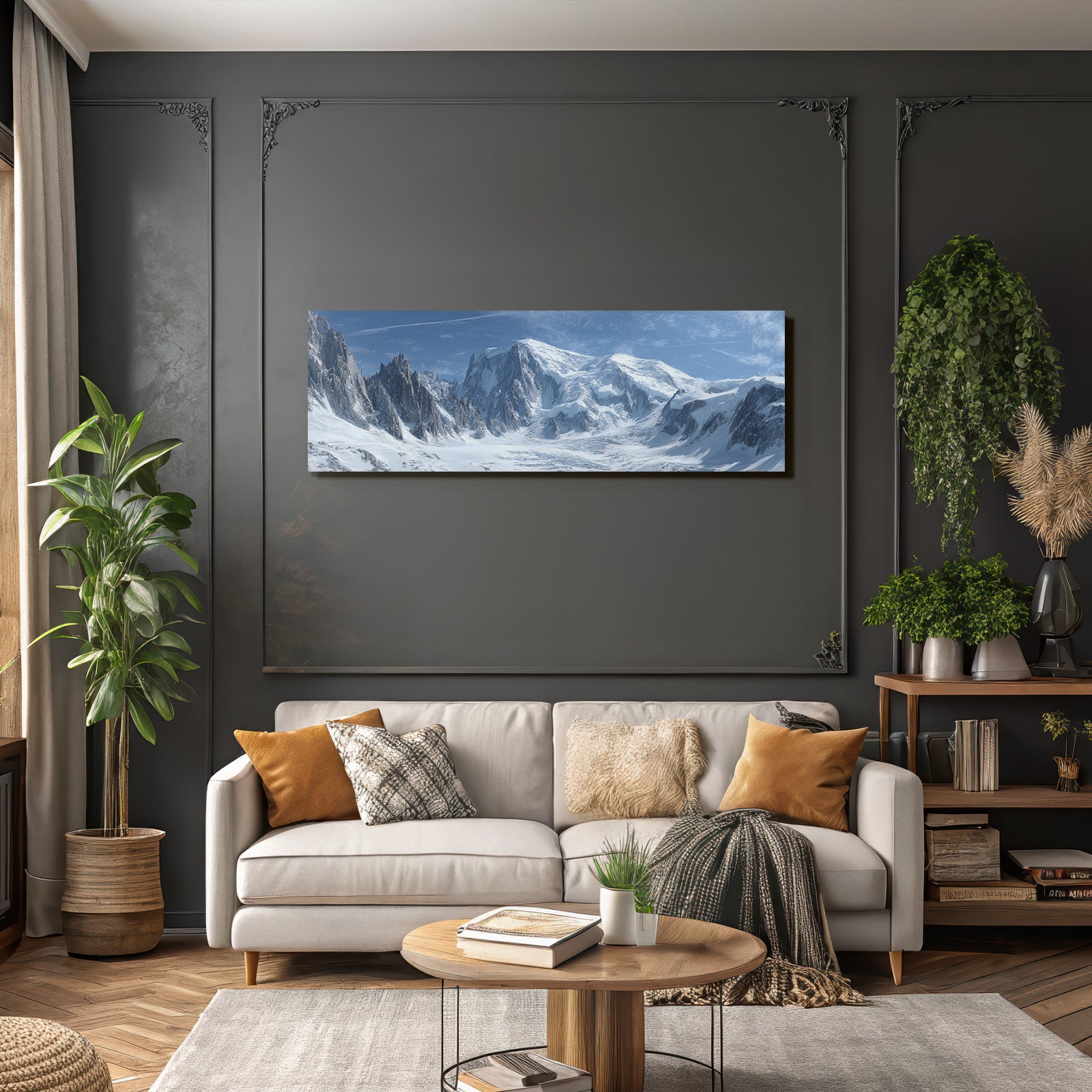 Winter panoramic view Snow-covered mountain landscape Icy peaks Blue sky