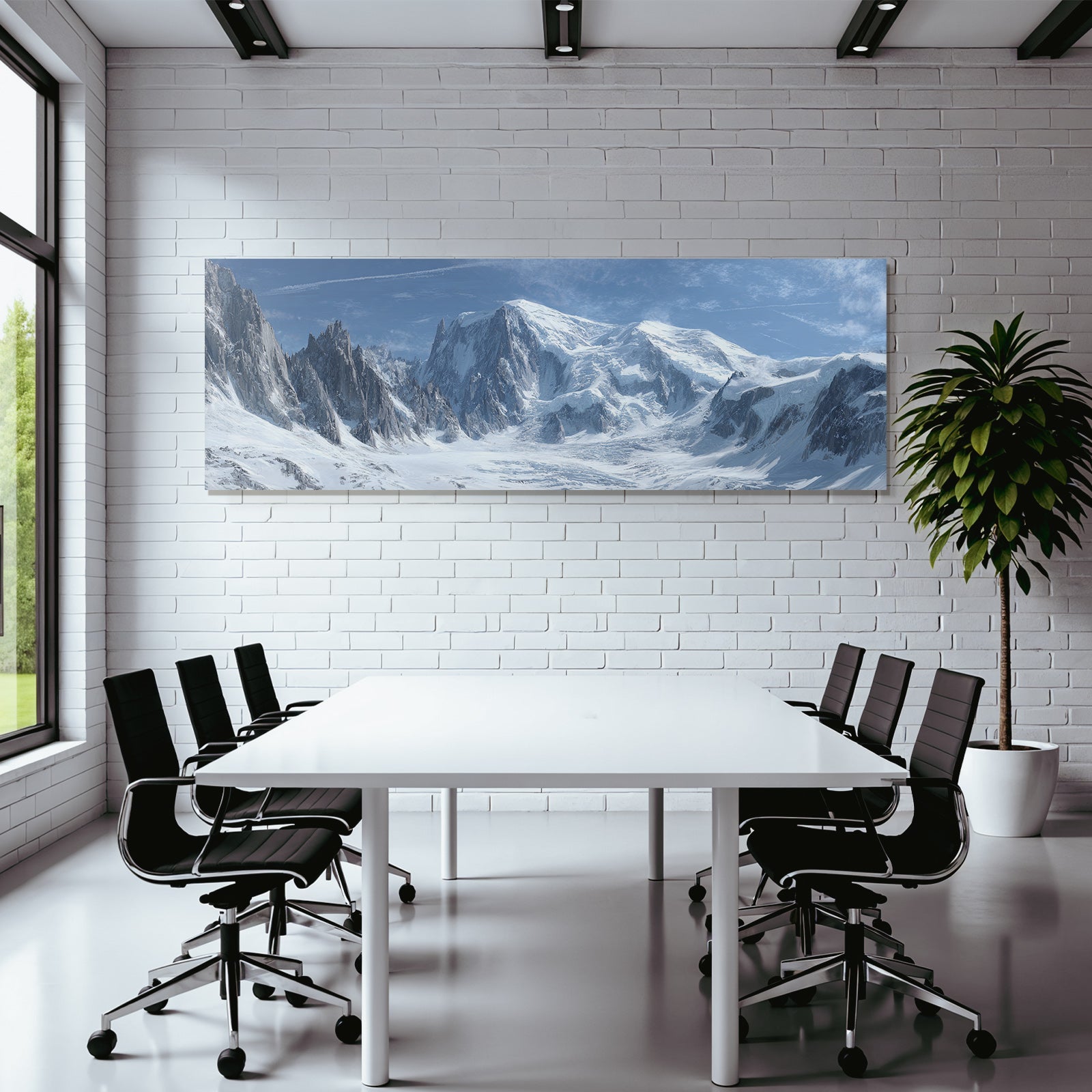 Winter panoramic view Snow-covered mountain landscape Icy peaks Blue sky