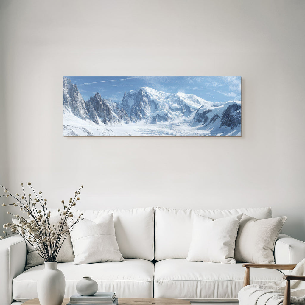 Winter panoramic view Snow-covered mountain landscape Icy peaks Blue sky