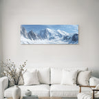 Winter panoramic view Snow-covered mountain landscape Icy peaks Blue sky