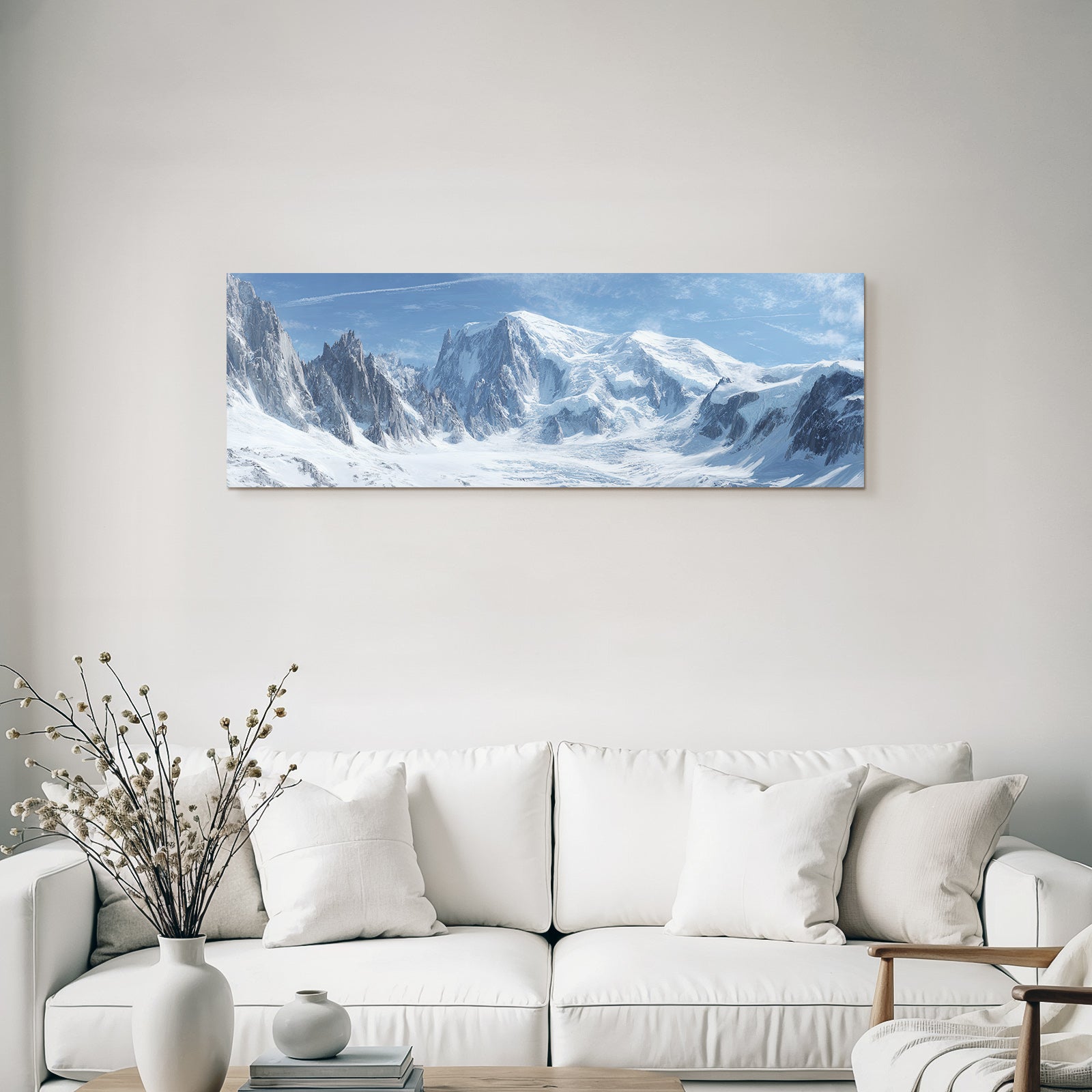 Winter panoramic view Snow-covered mountain landscape Icy peaks Blue sky
