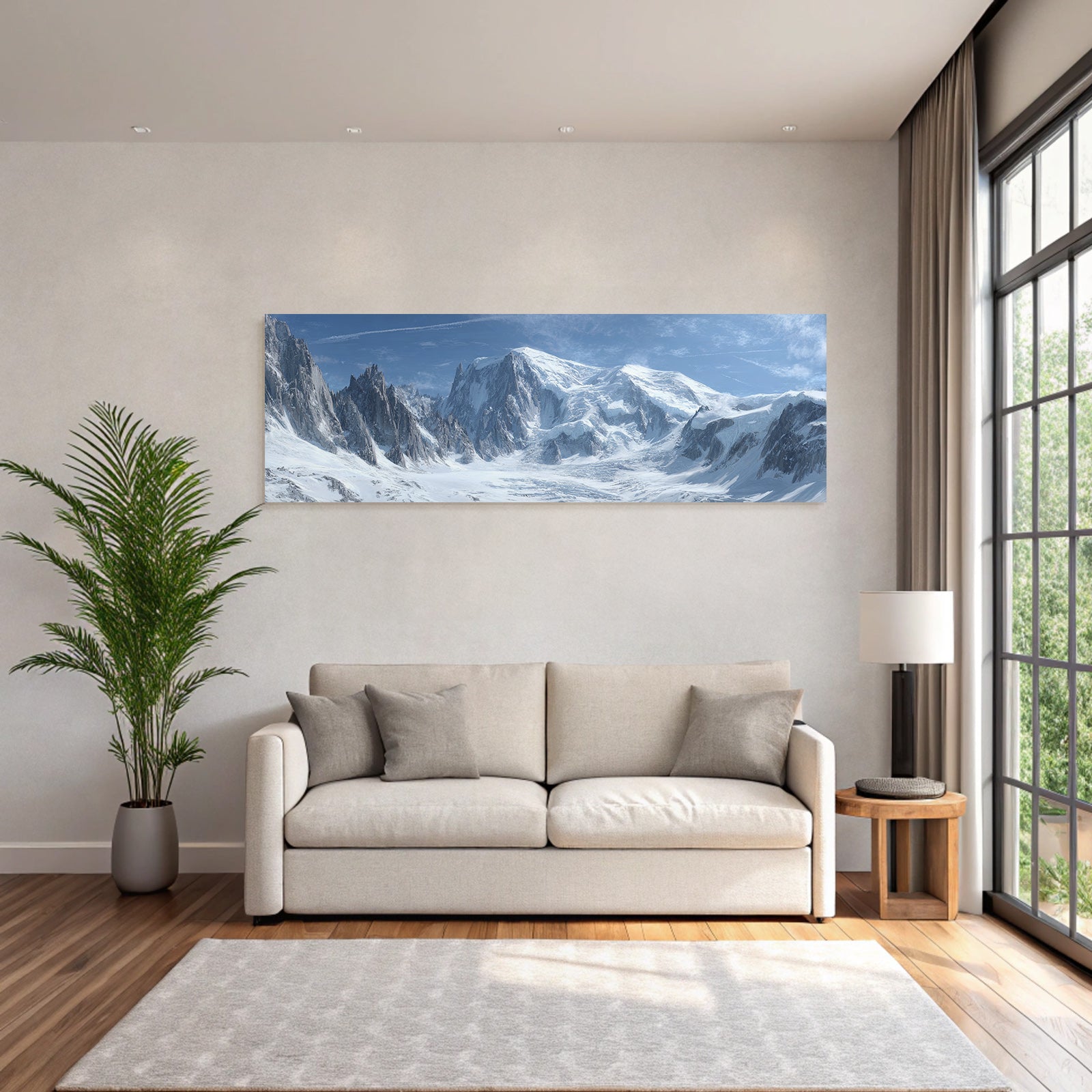 Winter panoramic view Snow-covered mountain landscape Icy peaks Blue sky