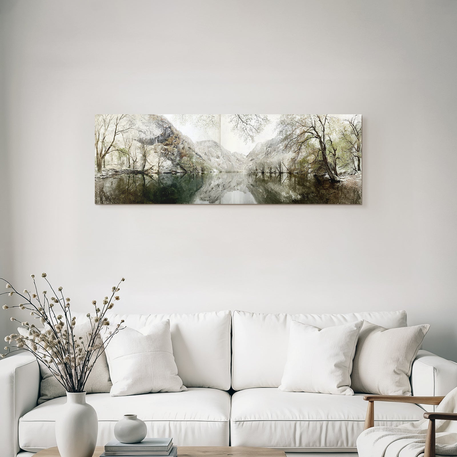 Winter tranquil landscape reflections in the water trees and mountains
