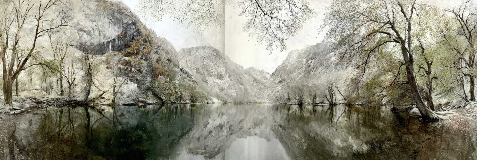 Winter Ruhige Landschaft Spiegelungen Im Wasser Bäume Und Berge | Winterlandschaften | Landschaften