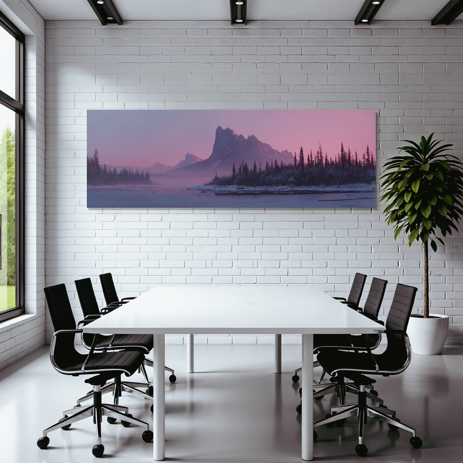 Winter tranquil winter landscape with mountains and river in twilight
