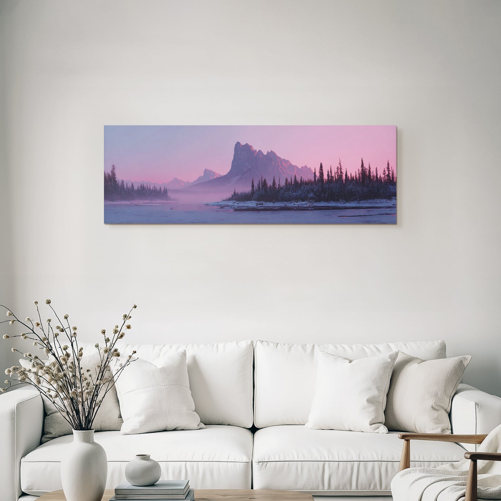 Winter tranquil winter landscape with mountains and river in twilight