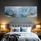 Winter tranquil winter scene with snow-capped mountains, icy lake and fir trees