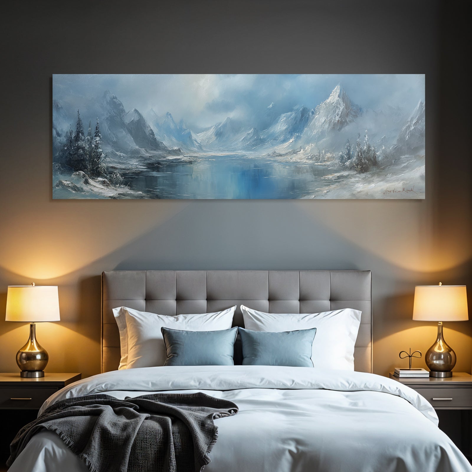 Winter tranquil winter scene with snow-capped mountains, icy lake and fir trees