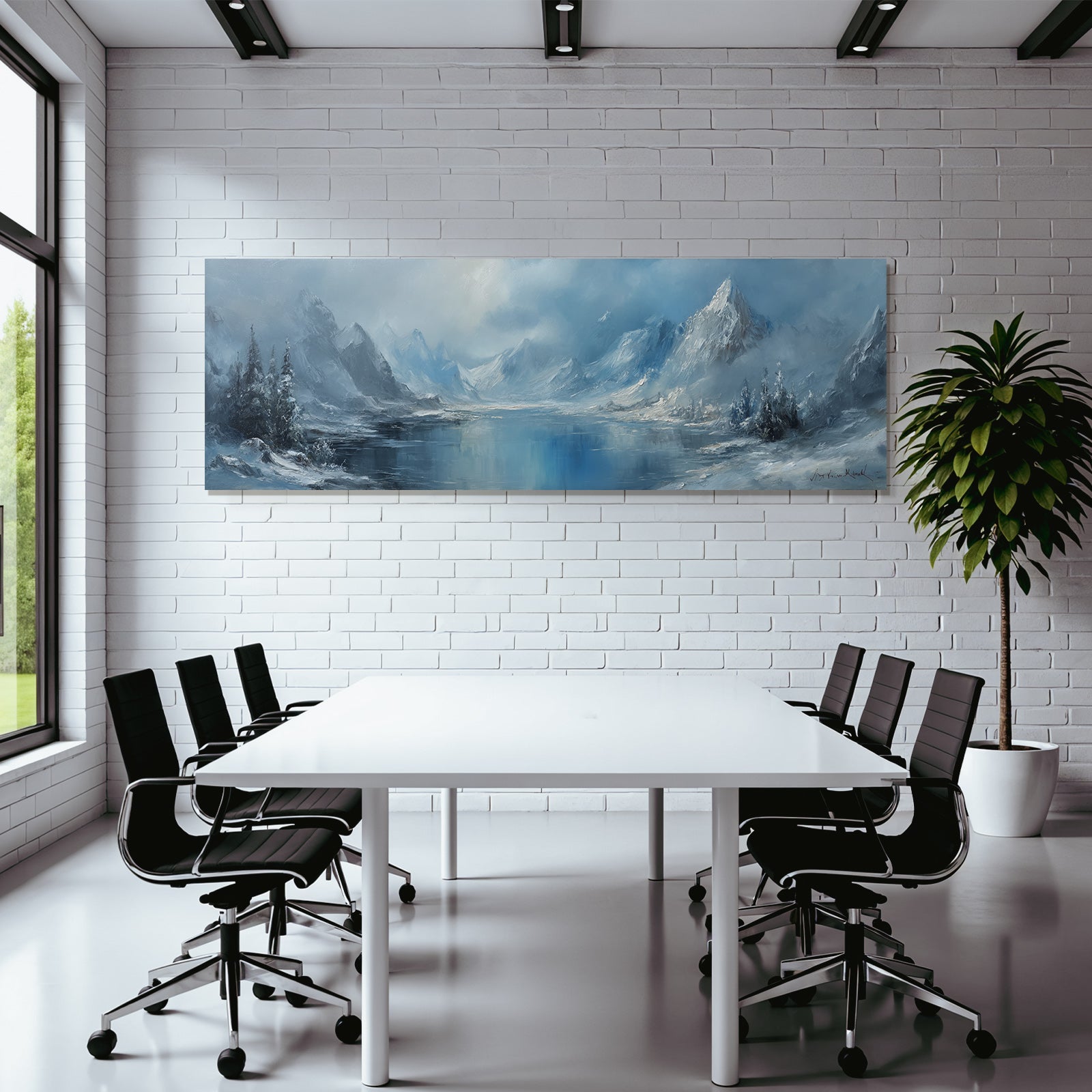 Winter tranquil winter scene with snow-capped mountains, icy lake and fir trees