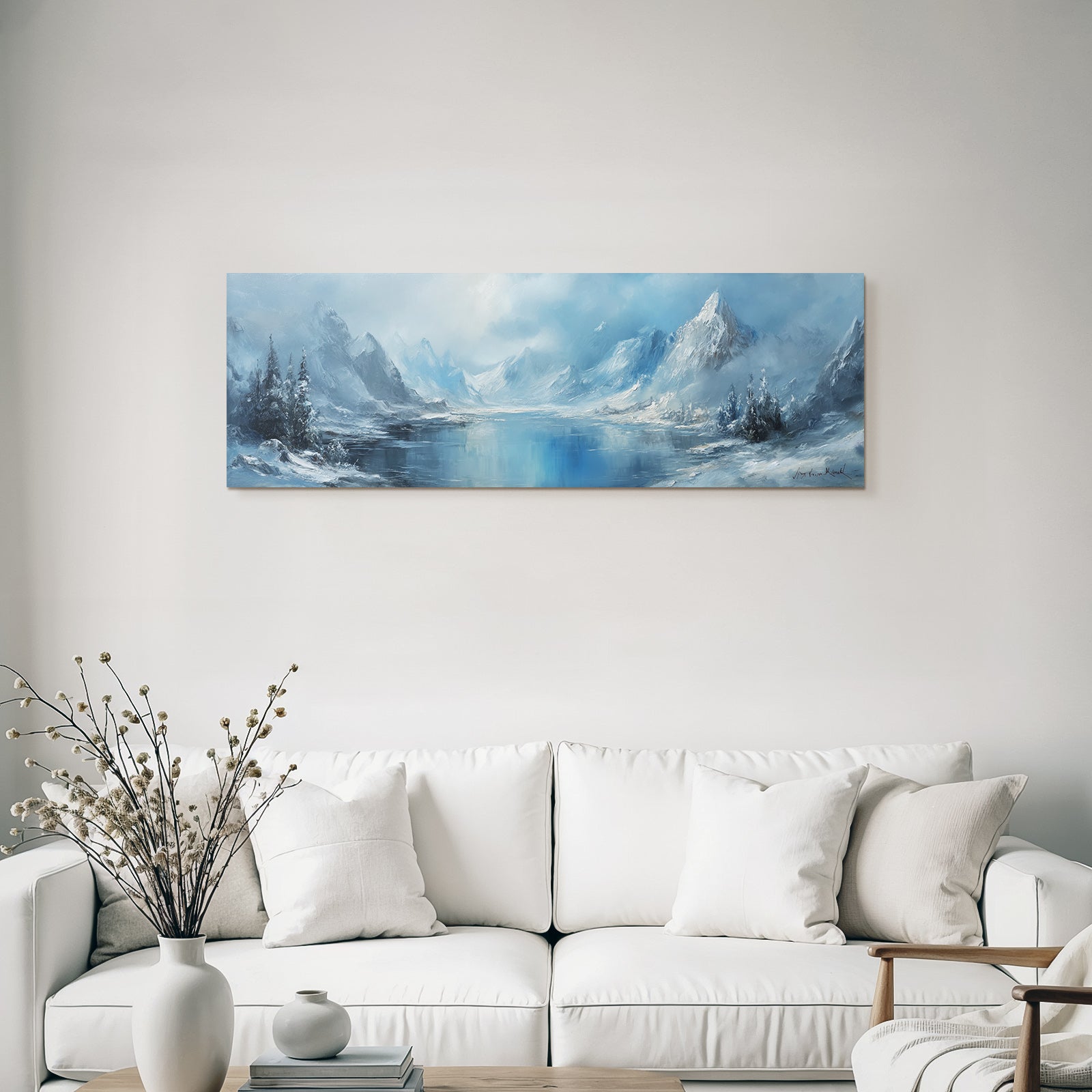 Winter tranquil winter scene with snow-capped mountains, icy lake and fir trees