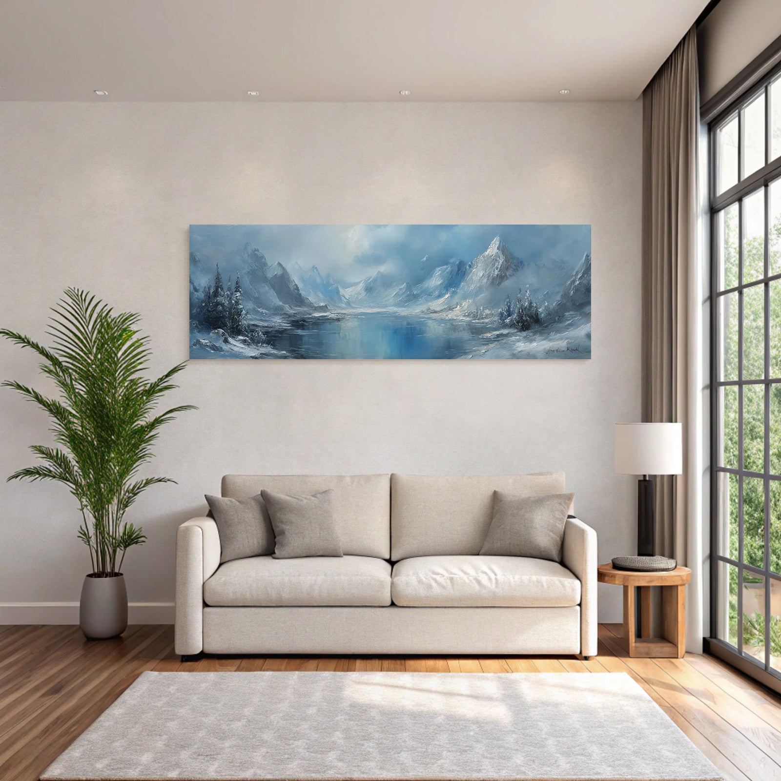 Winter tranquil winter scene with snow-capped mountains, icy lake and fir trees