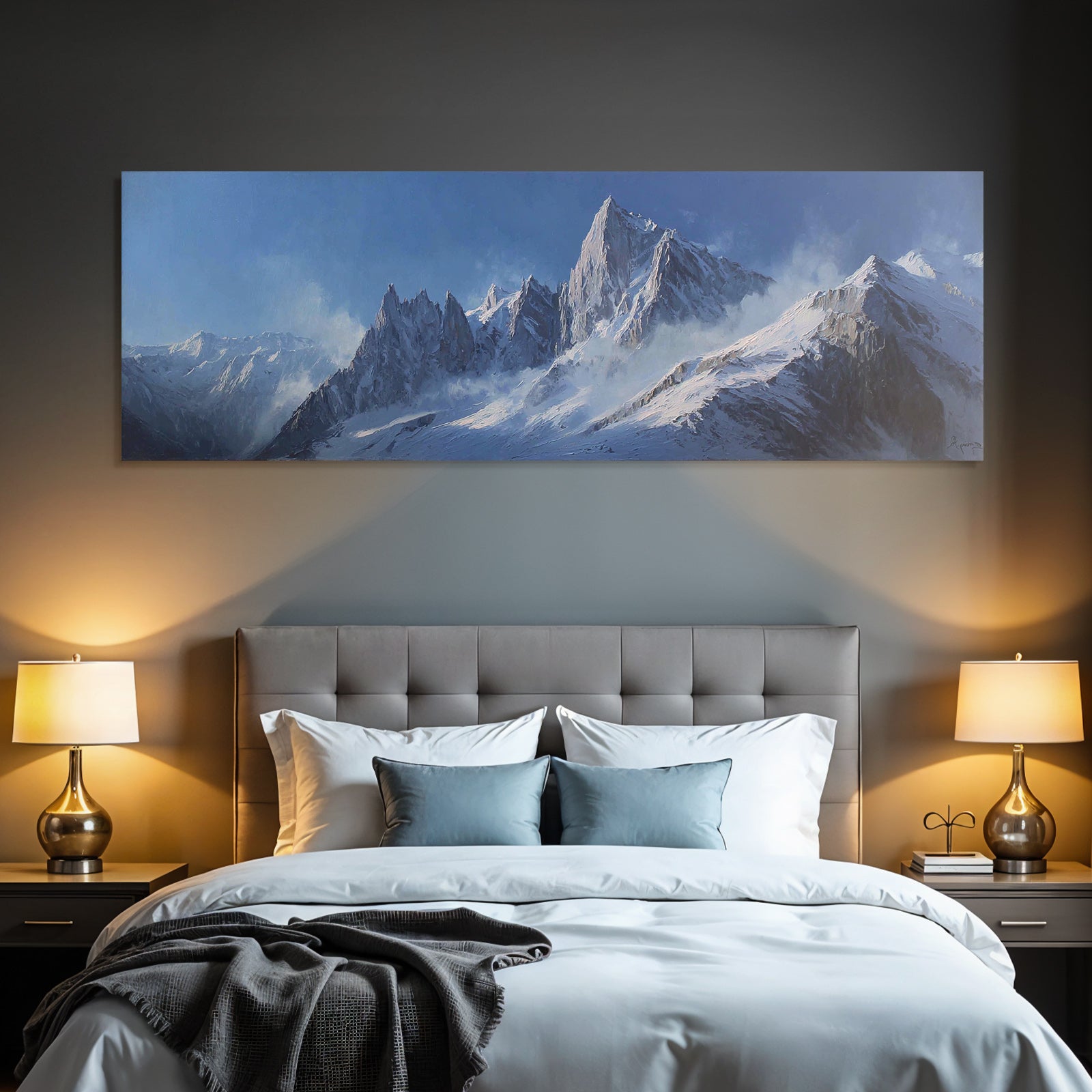 Winter snow-capped mountains against a clear blue sky