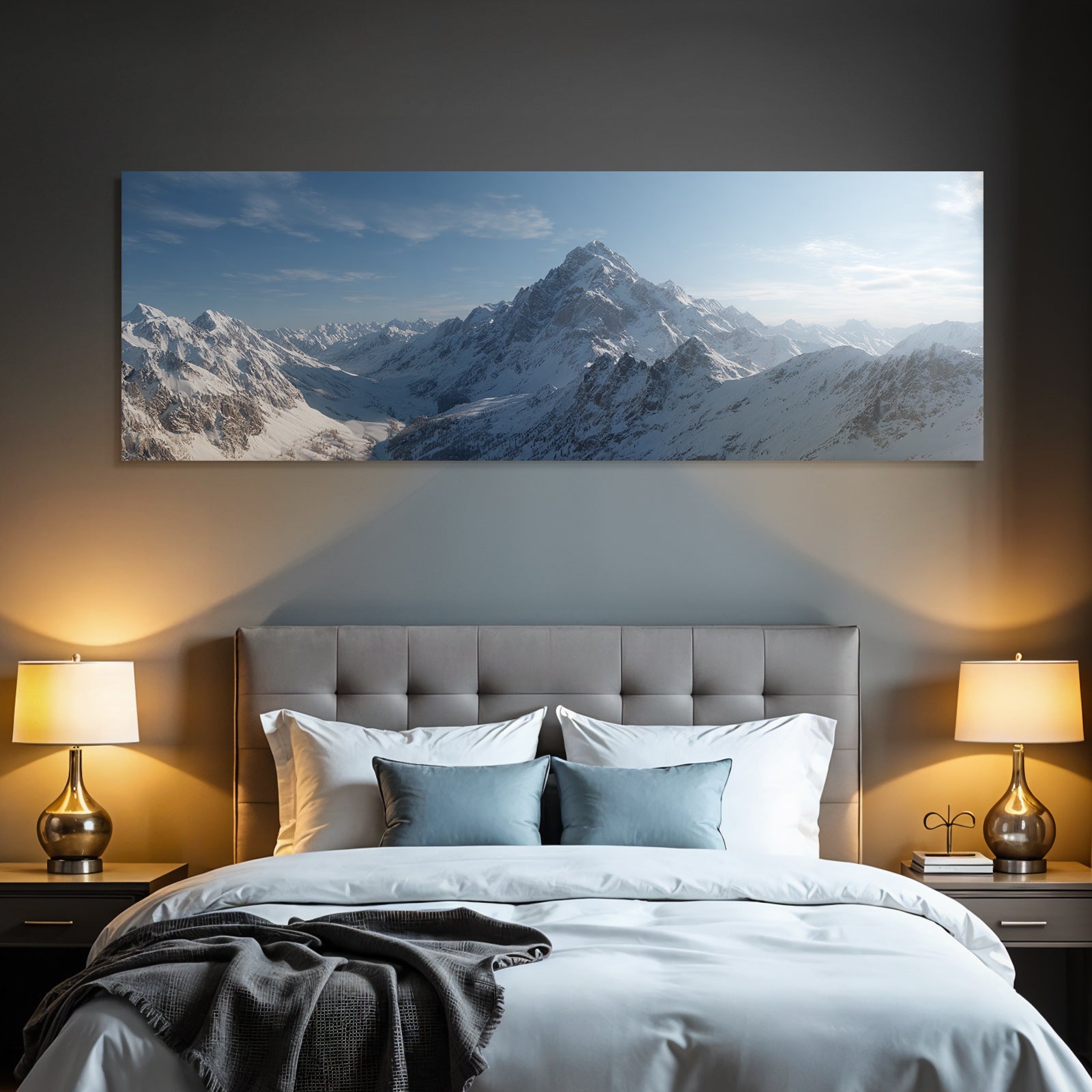 Winter snow-covered mountain landscape under a clear blue sky