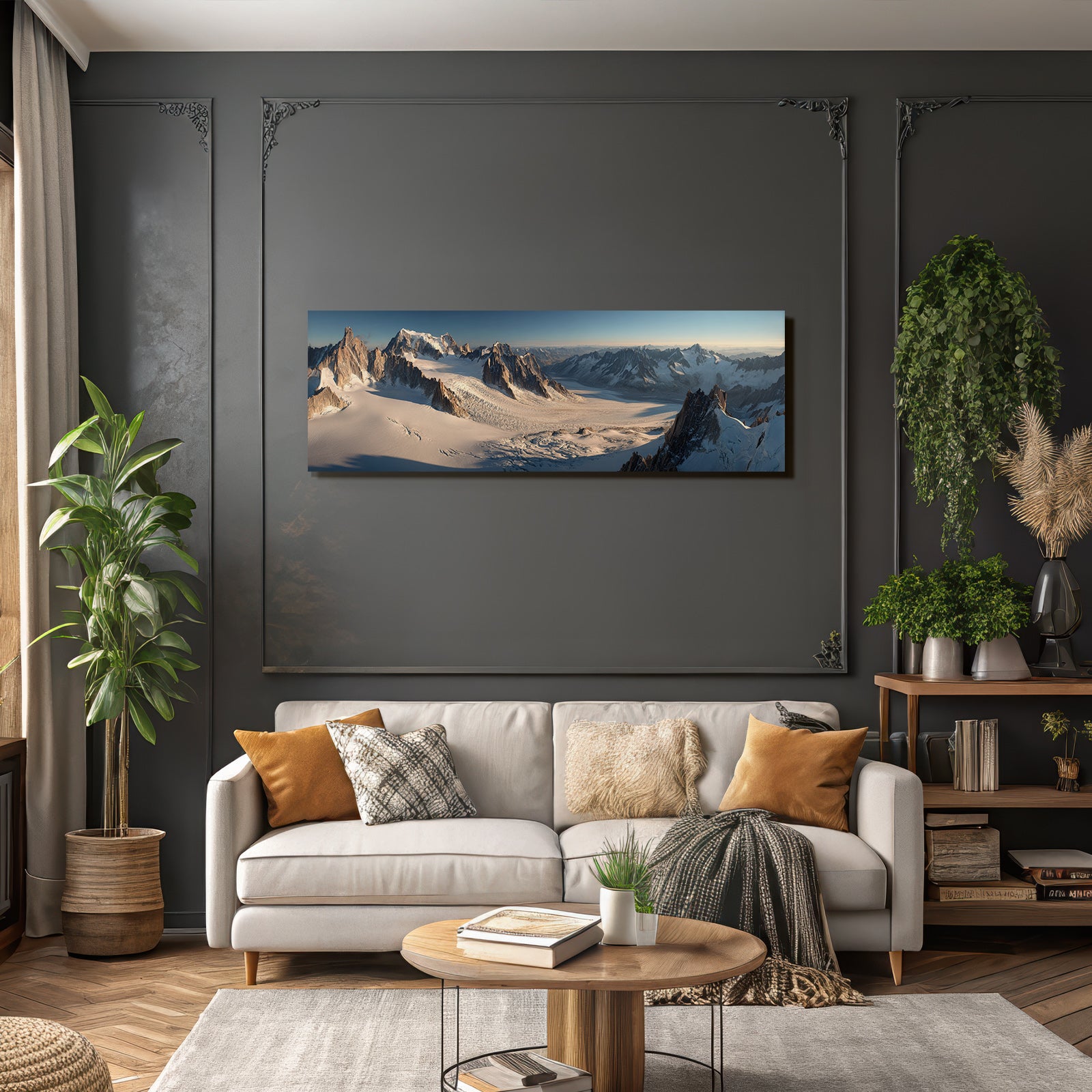 Winter snow-covered peaks with glaciers in the Alpine landscape