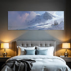 Winter snow landscape with mountains, frozen water and trees