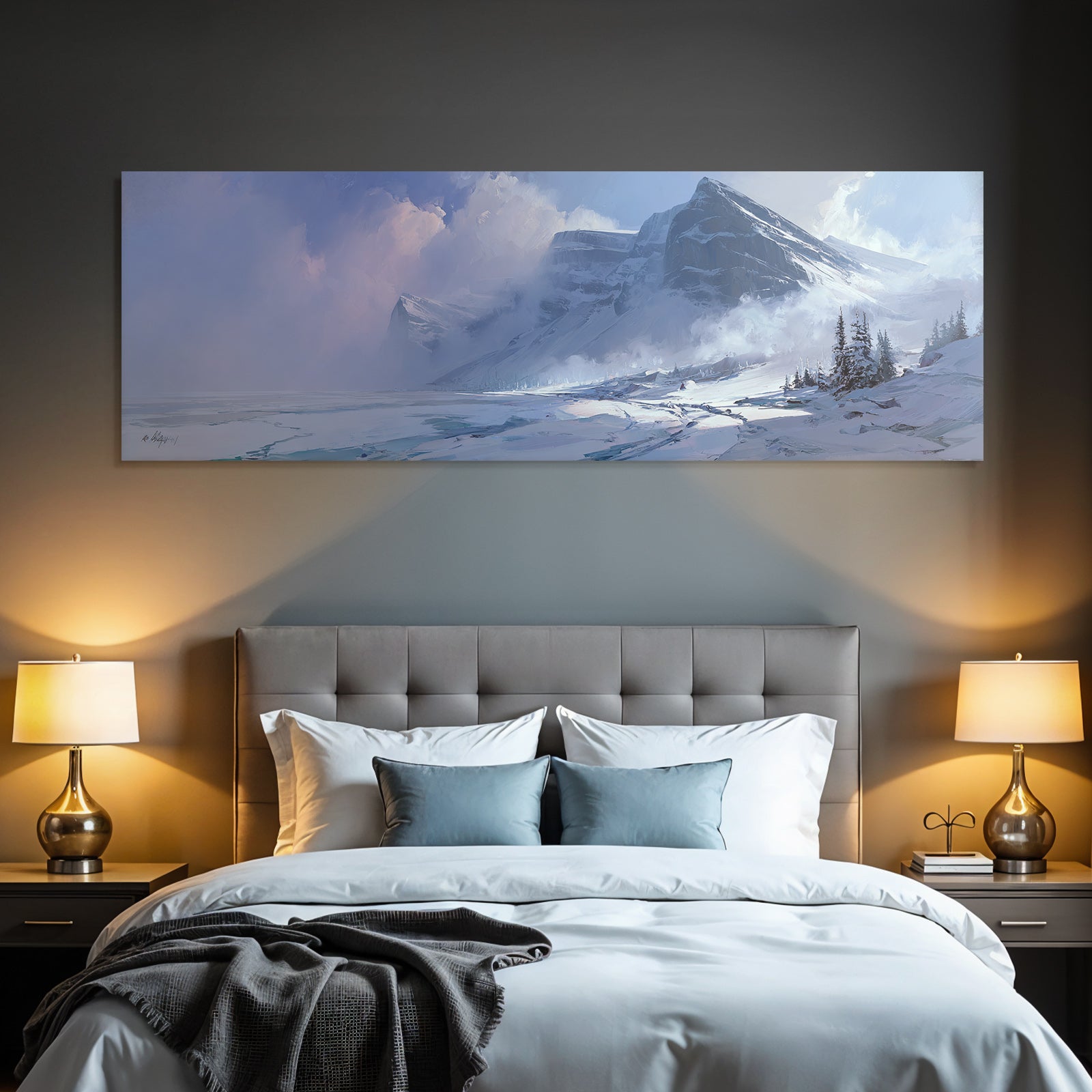 Winter snow landscape with mountains, frozen water and trees