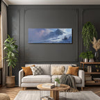 Winter snow landscape with mountains, frozen water and trees