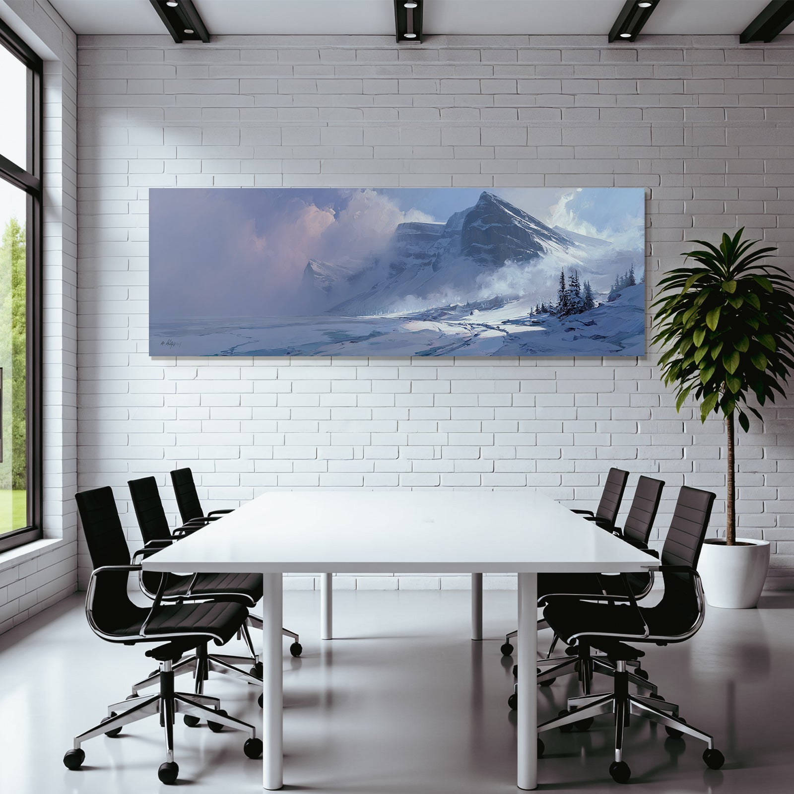 Winter snow landscape with mountains, frozen water and trees