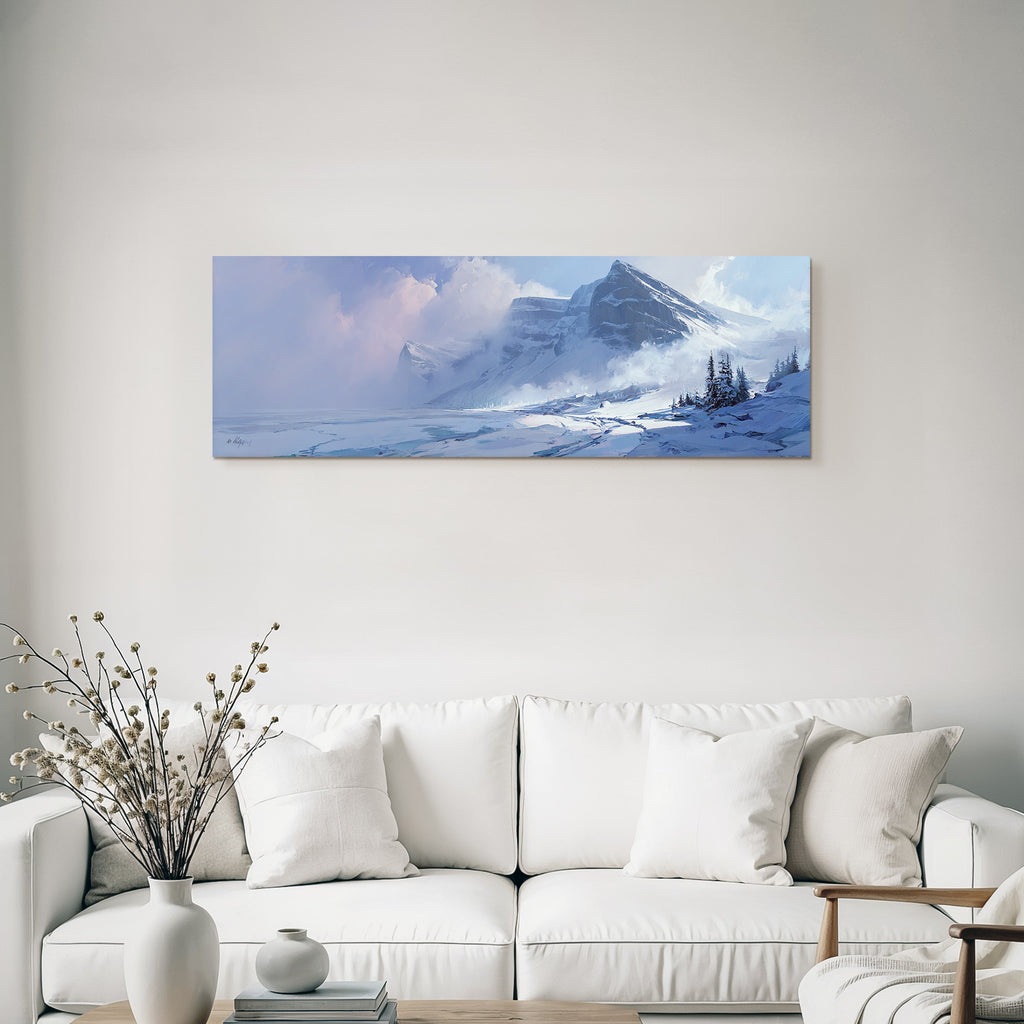 Winter snow landscape with mountains, frozen water and trees