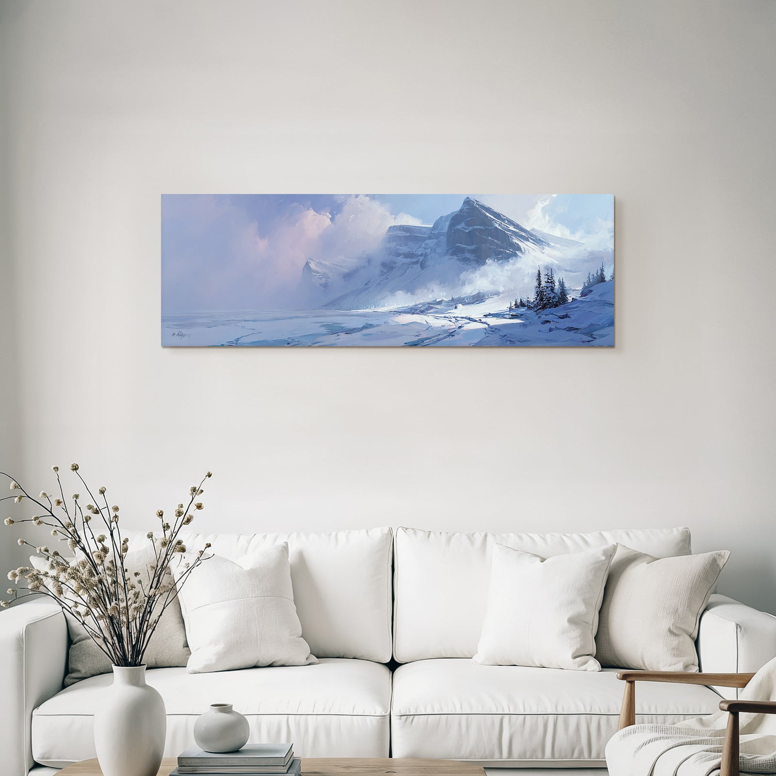 Winter snow landscape with mountains, frozen water and trees